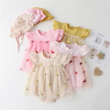 Baby Girl 1pcs Solid Color Pineapple Embroidered Mesh Overlay Flounce